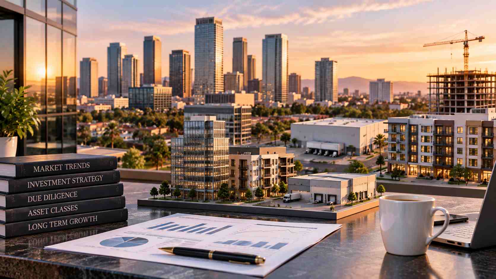 Commercial real estate investment insights showing property models, city skyline, financial charts, and market trends for 2026