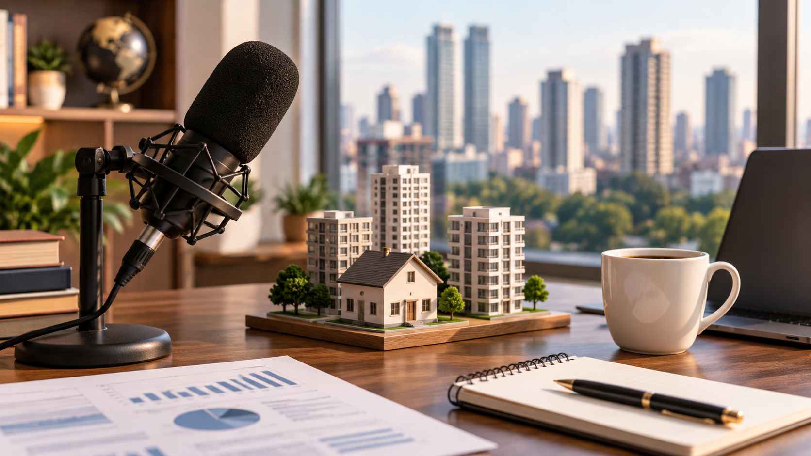 Real estate investing podcast workspace with a studio microphone, property models, financial charts, laptop, and city skyline